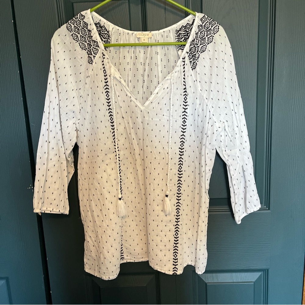 J Crew Women’s Medium Peasant Top Blouse Shirt Beach Top NWOT black And White